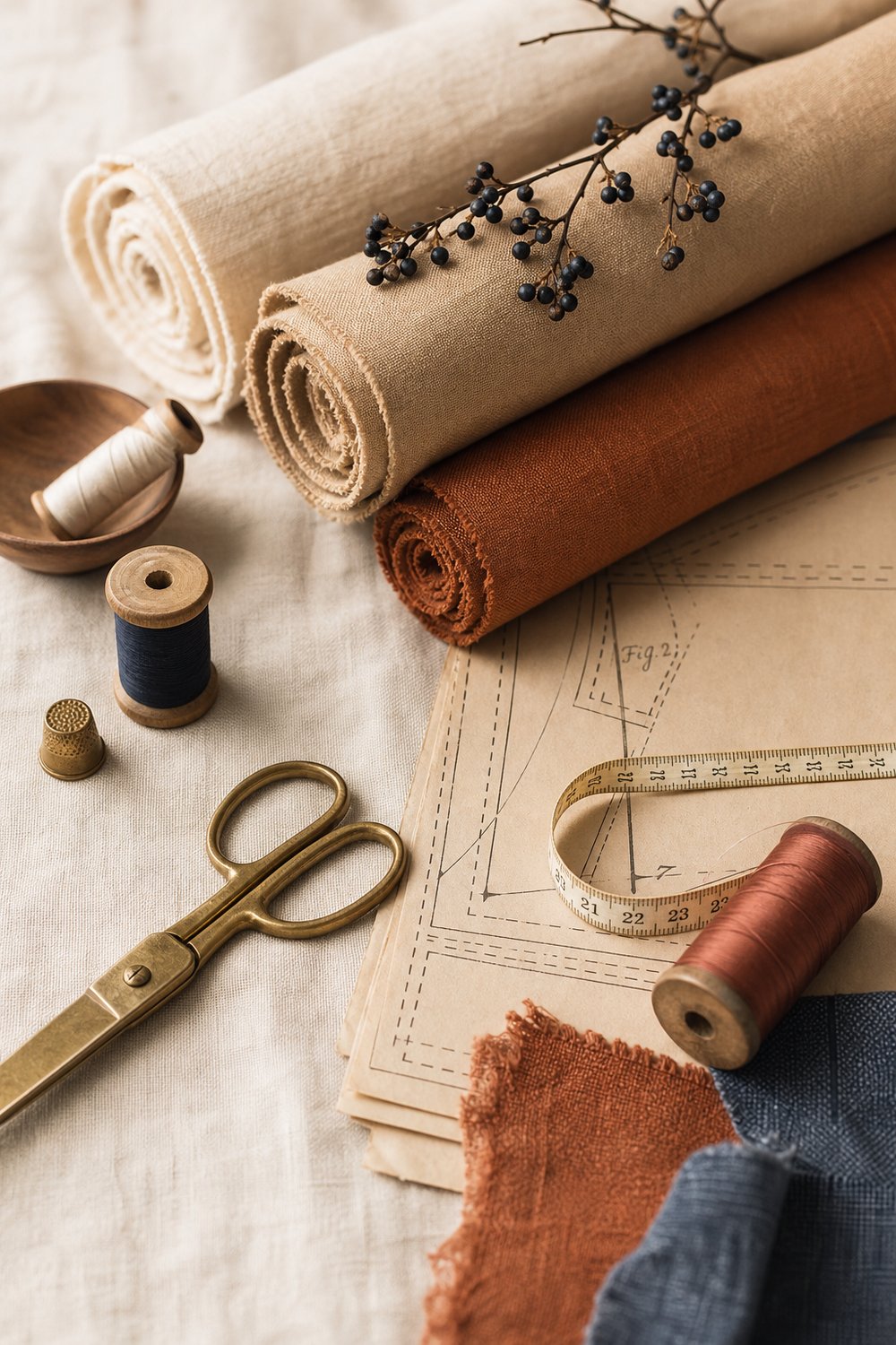 Atelier de couture : tissus, patrons, fils et ciseaux